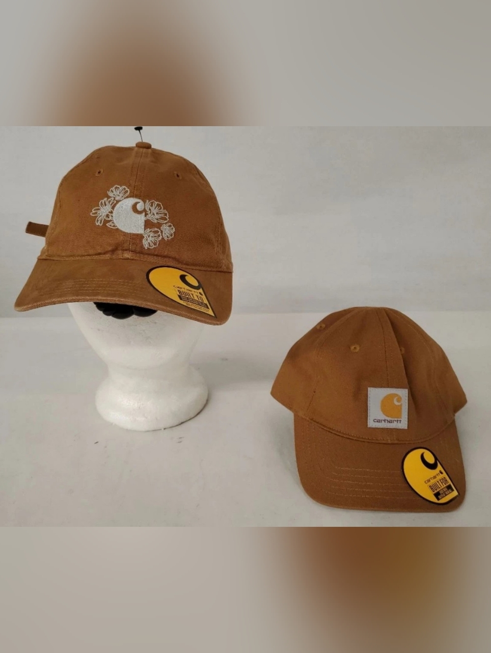 Carhartt Brown Canvas Caps with White Floral Logo and Patch Mom and Infant